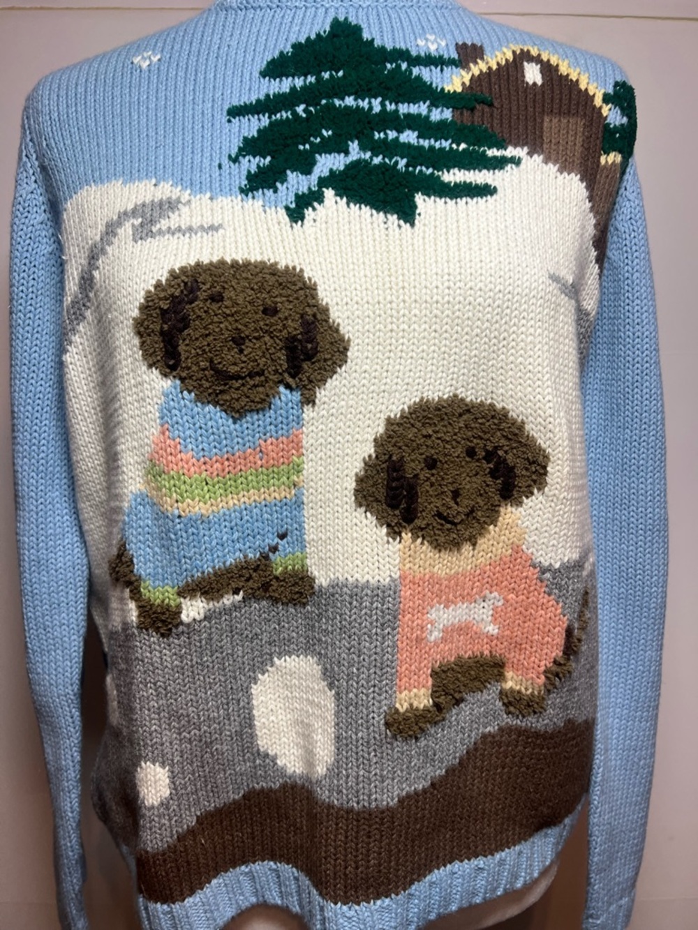 Crazy Horse Dog Sweater Cottagecore Novelty Knit Pug Puppy Cozy Blue Large